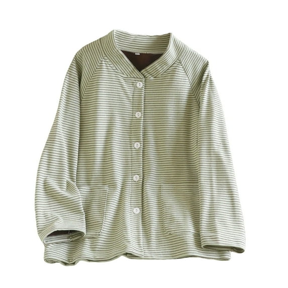 SMihono Women's Fleece Lined Striped Pajama Tops V-Neck Button Down Sleepwear Long Sleeve Warm Thermal Jacket with Pockets Green M