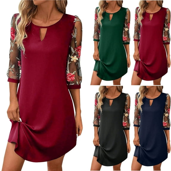 SMihono Women's Floral Mesh Long Sleeve Shirt Dress Cute Keyhole Crewneck Office Tunic Dresses Embroidery Casual Midi Dress Green L