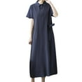 thumbnail image 1 of SMihono Women's Flowy Cotton Linen Midi Dress Short Sleeve Buttons Tie Side Summer Casual Button Collared Dress with Pockets Dark Gray L, 1 of 8