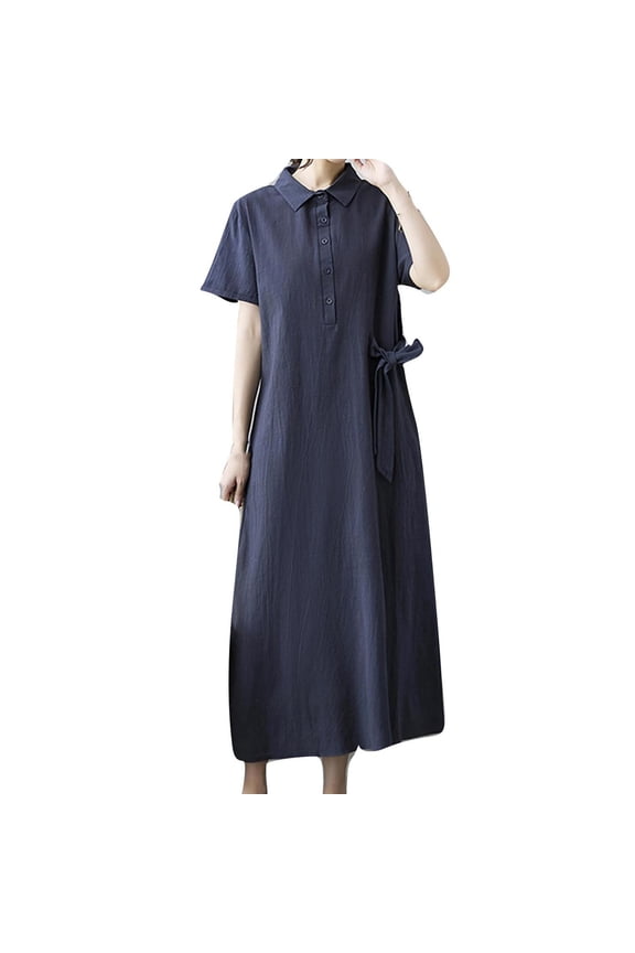 Women's Flowy Cotton Linen Midi Dress Short Sleeve Buttons Tie Side Summer Casual Button Collared Dress with Pockets Dark Gray M