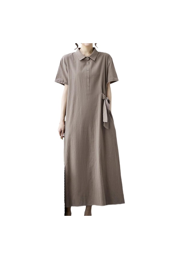 Women's Flowy Cotton Linen Midi Dress Short Sleeve Buttons Tie Side Summer Casual Button Collared Dress with Pockets Khaki M