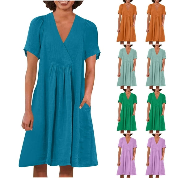 SMihono Women's Flowy Cotton Linen Midi Dress Summer Beach Casual Loose Sleeveless Baggy A Line Dress with Pockets Blue L