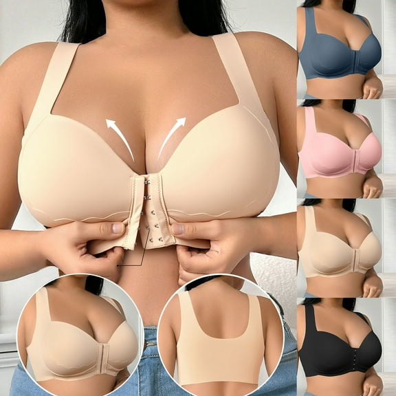 SMihono Women's Front Clasp Closure Bras No Underwire Anti-Sagging Push Up Bralettes Seniors Comfort Wireless Full Coverage Bra Beige L