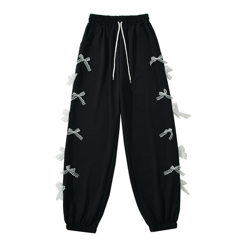 SMihono Women's Gothic Black Lace Bow Sweatpants Harajuku
