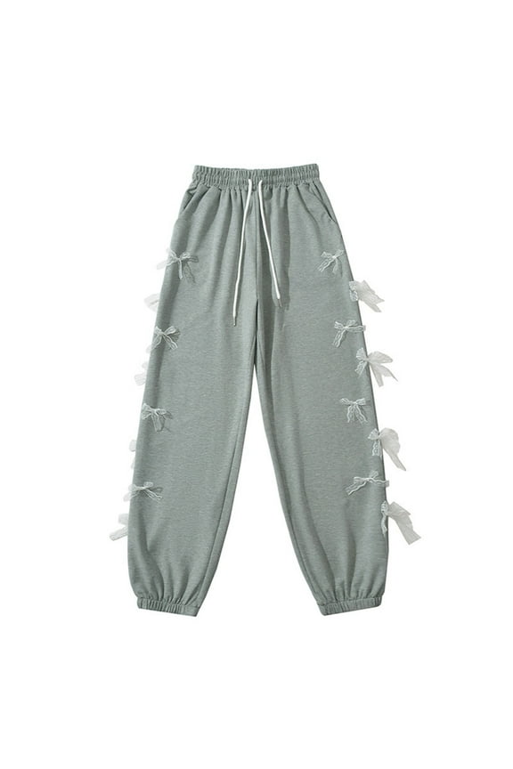 Women's Gothic Black Lace Bow Sweatpants Harajuku Joggers Streetwear Trousers Gothic Punk Y2K Aesthetic Pants Emo Alt Clothes Gray 4