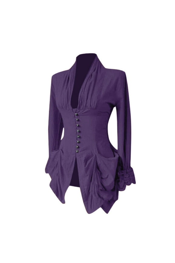 Women's Gothic Victorian Steampunk Tailcoat Vintage Lace Up Ruffle Long Sleeve Shirt Blouse Retro Party Clubwear Purple 4