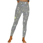 SMihono Women's High Waist Sparkly Sequin Glitter Shiny Leggings Pants Full Length Tummy Control Stretchy Skinny Pencil Pants for Party Clubwear Silver XL