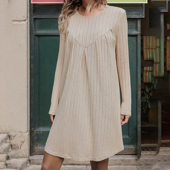SMihono Women's Knit Sweater Dress Long Sleeve Casual Crew Neck Solid Sweater Patchwork Pleated Loose Comfy Mini Dress Khaki XL