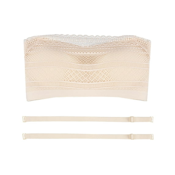 SMihono Women's Lace Tube Top Seamless Non Underwire Bandeau Stretchy Thin Bra Trendy Push up Removable Straps Bralette White XXL
