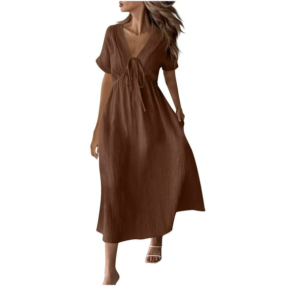 SMihono Women's Long Flowy Dress Elegant V Neck Short Sleeve Tie Front Summer Vacation Party Cotton Midi Dresses Brown L