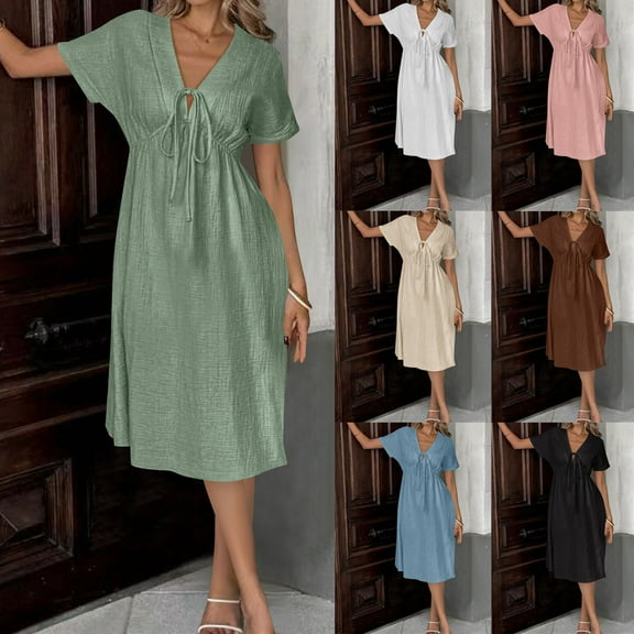 SMihono Women's Long Flowy Dress Elegant V Neck Short Sleeve Tie Front Summer Vacation Party Cotton Midi Dresses Mint Green L