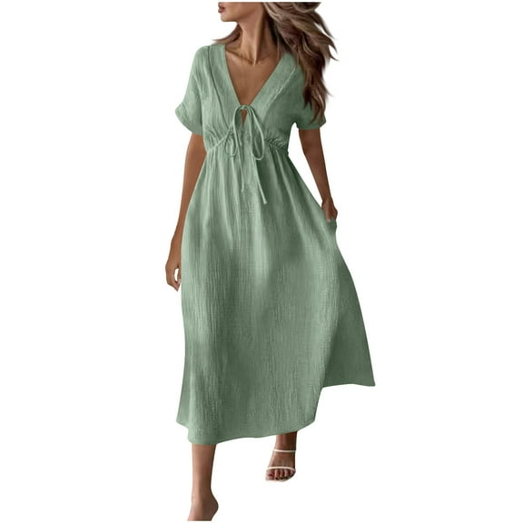 SMihono Women's Long Flowy Dress Elegant V Neck Short Sleeve Tie Front Summer Vacation Party Cotton Midi Dresses Mint Green M