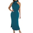 thumbnail image 1 of SMihono Women's Long Formal Satin Dress Mock Neck Sleeveless Side Slit Flowy Maxi Tank Dress Cocktail Party Dresses Navy L, 1 of 8