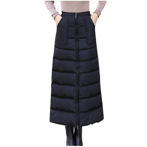 SMihono Women's Long Quilted Puffer Skirt, Insulated Full Zipper Outdoor Warm Winter Snow Skirts with Pockets Black XXL