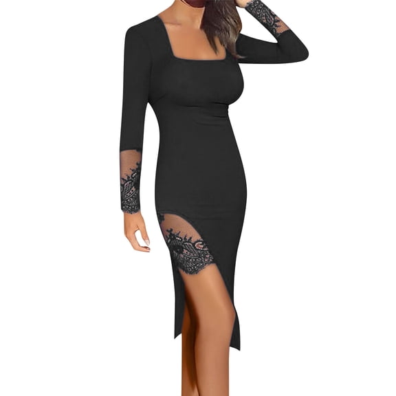 SMihono Women's Long Sleeve Bodycon Dress Square Neck Lace Patch Cocktail Party Dress Elegant Side Slit Midi Dress Black M