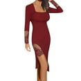 thumbnail image 1 of SMihono Women's Long Sleeve Bodycon Dress Square Neck Lace Patch Cocktail Party Dress Elegant Side Slit Midi Dress Wine XXL, 1 of 7