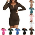 thumbnail image 1 of SMihono Women's Long Sleeve Dress Crewneck Bodycon Dresses Ribbed Knit Stretchable Elasticity Slim Fit Casual Mini Dress Khaki L, 1 of 6