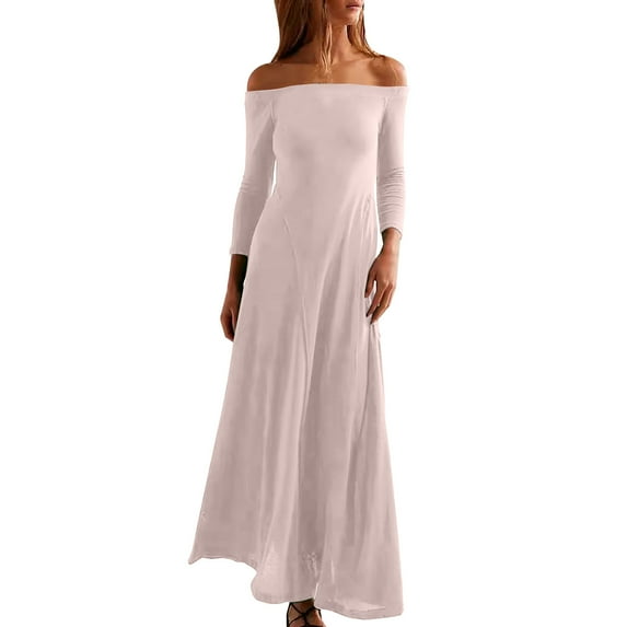 SMihono Women's Long Sleeve Off Shoulder Long Dress Midi Waist A line Maxi Dress Slim Flowy Swing Sun Dress Pink 4