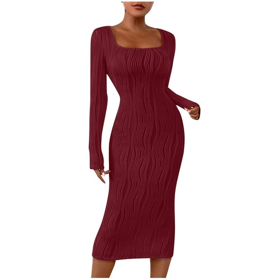 SMihono Women's Long Sleeve Sweater Dress Slim Fit Solid Dresses Square Neck Bodycon Ribbed Knit 2025 Spring Casual Dresses for Women Wine 10