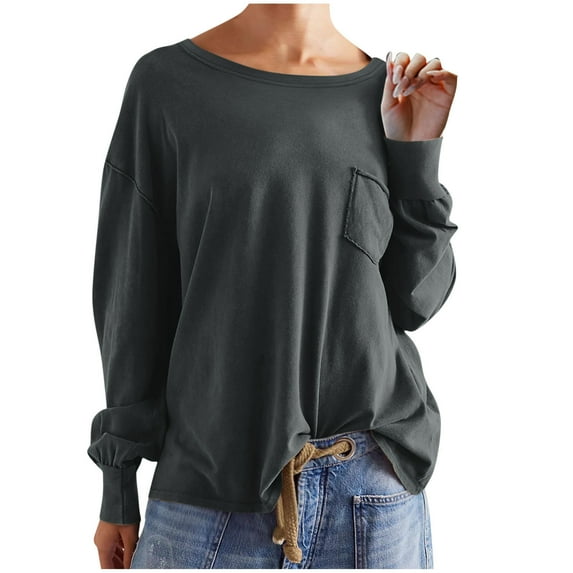 SMihono Women's Long Sleeve Tunic Tops Baggy Loose Fit Crew Neck T-Shirts with Pocket Solid Color Blouse Pullover Sweatshirts Oversized Tee Shirts Gray 10