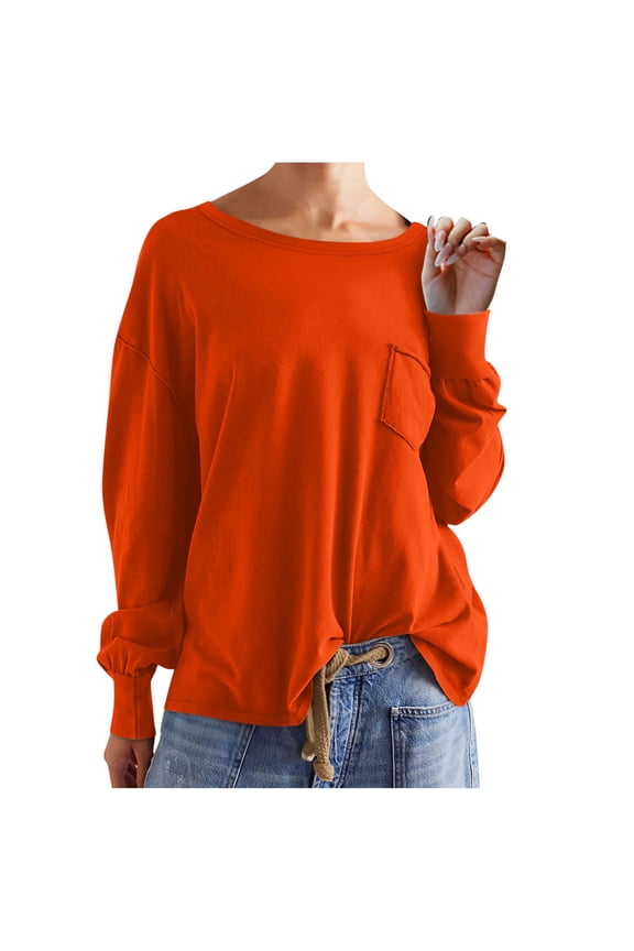 Women's Long Sleeve Tunic Tops Baggy Loose Fit Crew Neck T-Shirts with Pocket Solid Color Blouse Pullover Sweatshirts Oversized Tee Shirts Orange 10