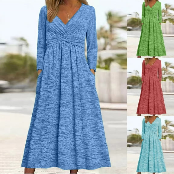 SMihono Women's Long Sleeve Wrap Cross V Neck Long Maxi Dress Fall Spring Flowy Casual Wedding Cocktail Dress Blue XXL