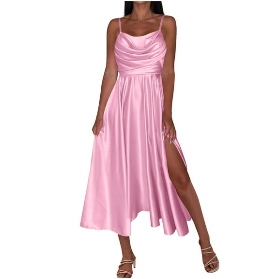 SMihono Womenâs Long Spaghetti Satin Gown with Slit, Ruched Formal Evening Dresses Bridesmaid Wedding Party Dress Pink S