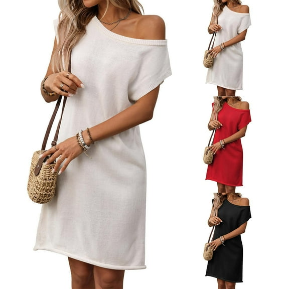 SMihono Women's Loose Off-Shoulder Y2K Knit Dress with Ruffle Hem - Lightweight & Breathable for Casual & Formal Occasions White L