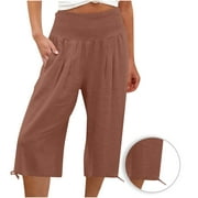 SMihono Women's Loose Shrink Wide Leg Pants High Waisted Straight Pants Women's Casual Pants Capris Business Office Casual Long Pants Capris Brown 14