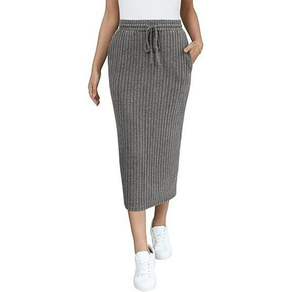 SMihono Women's Midi Skirt Fall Elastic High Waisted Casual Stretchy Skirts with Pockets Ribbed Knit Bodycon Pencil Skirts Dark Gray 8-10