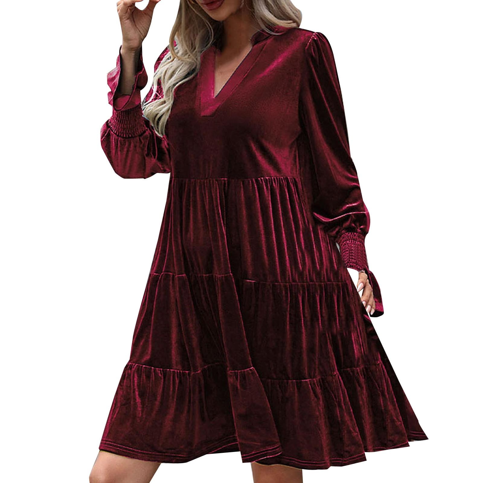 SMihono Women's Velvet Dress Long Sleeve V Neck A-Line Mini Dress Tiered  Ruffled Hem Fall Winter Party Dress Loose Fit Wine 8 - Walmart.com
