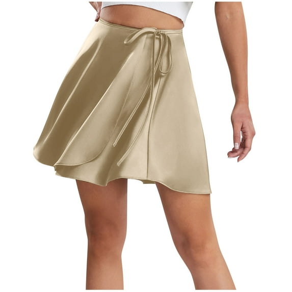 SMihono Women's Mini Skirts Lace Up High Waisted Wrap Short Skirt A-Line Swing Skirt for Teen Girls Party Clubwear Rose Gold 6