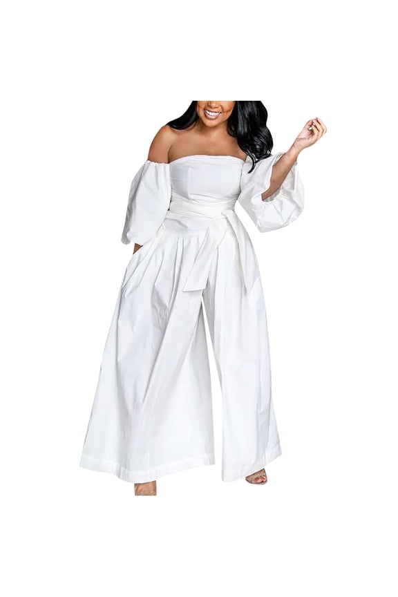 Women's Off Shoulder Lantern Sleeve Solid Color Jumpsuit Elegant Sashes Wide Leg Long Romper Loose Overalls White 14
