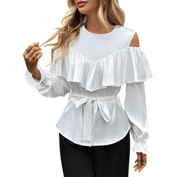 SMihono Women's Off-Shoulder Ruffle Blouse - Tie Waist, Ruffled Long Sleeve Elegant Top for Party & Casual Wear White S