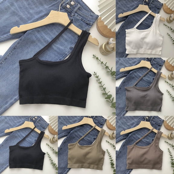 SMihono Women's One Shoulder Sports Bras Removable Cups Medium Support Ribbed Seamless Trendy Cute Workout Crop Top Yoga Bra Black Free Size