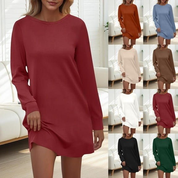 SMihono Women's Pleated Back A-line Mini Dresses 2025 Fall Casual Long Sleeve Crewneck Loose Tunic Tshirt Dress with Pockets Beige M