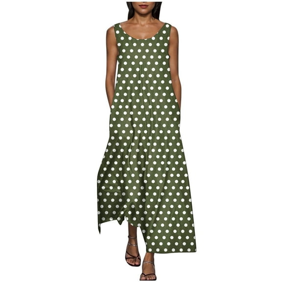 SMihono Women's Ploka Dots Flowy Maxi Dress with Pockets, Elegant 2025 Summer Loose Crew Neck Sleeveless A-Line Swing Dresses Army Green S