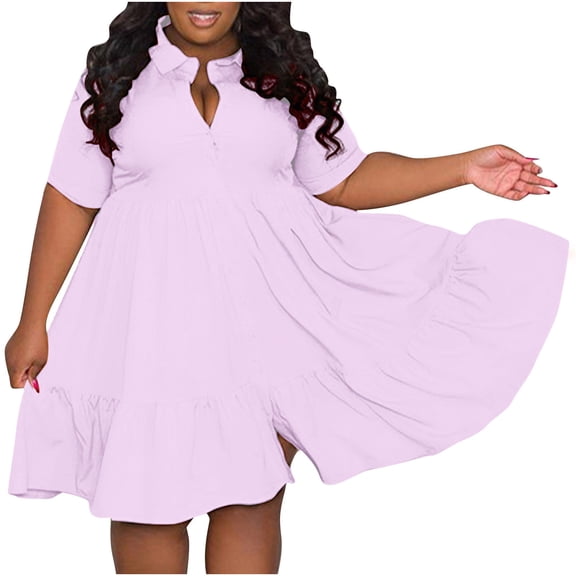 SMihono Women's Plus Size Button Down Short Shirt Dress Collared V Neck Short Sleeve A-Line Casual Flare Lapel Mini Dress Pink XXL