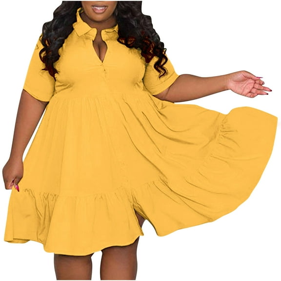 SMihono Women's Plus Size Button Down Short Shirt Dress Collared V Neck Short Sleeve A-Line Casual Flare Lapel Mini Dress Yellow XXXL
