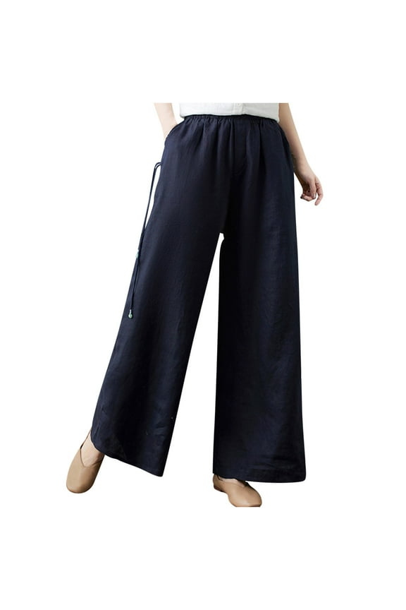 Women's Plus Size Casual Loose Pants High Waist Color Pockets Cotton Linen Side Drawstring Belt Wide Leg Pants Stretch Pull-On Jegging Sports Pants Pants Sports Outdoors Navy 10