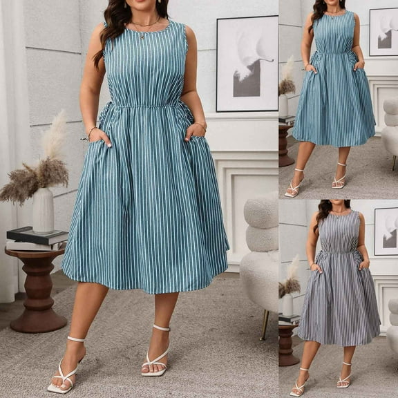 SMihono Women's Plus Size Sleeveless Striped Casual Dress, Ruched Crewneck Cinched Waist Summer Trendy Dresses with Pockets Blue XXXL