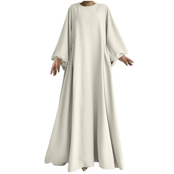 SMihono Women's Puff Long Sleeve Flowy Maxi Dress, Solid Color Crewneck Ruched Casual Dresses Loose Fit Comfy Trendy Clothes White L