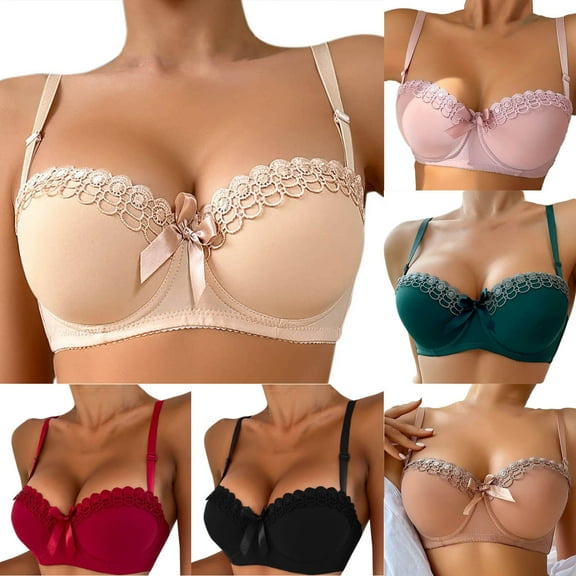 SMihono Women's Push Up Lace Bow Bras Underwire Full Coverage Bras Sexy High Support Comfortable Smooth Brassiere Beige L US(8)