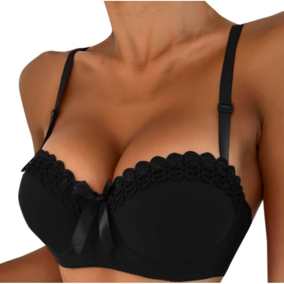 SMihono Women's Push Up Lace Bow Bras Underwire Full Coverage Bras Sexy High Support Comfortable Smooth Brassiere Black S US(4)