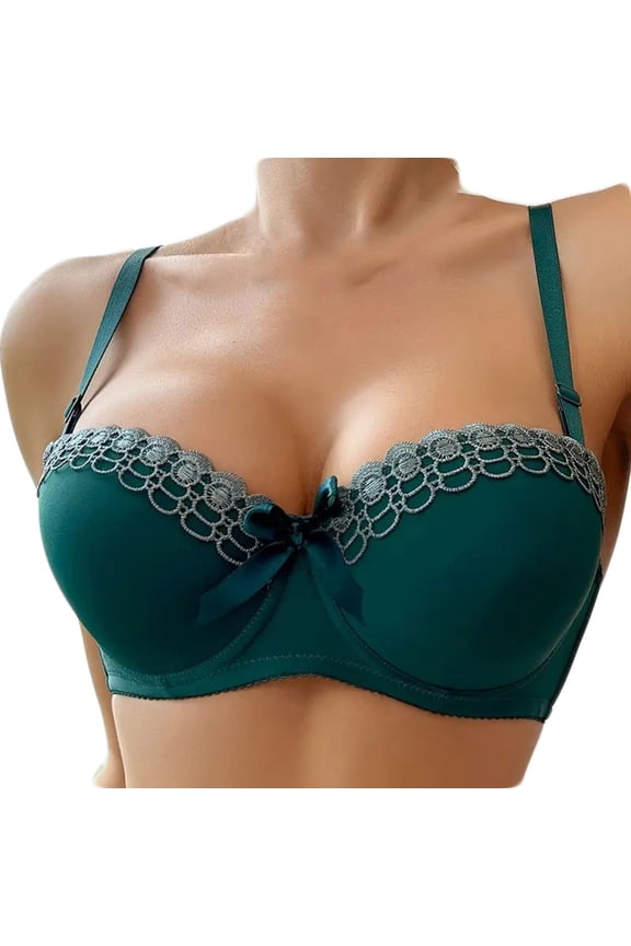 Women's Push Up Lace Bow Bras Underwire Full Coverage Bras Sexy High Support Comfortable Smooth Brassiere Green M US(6)
