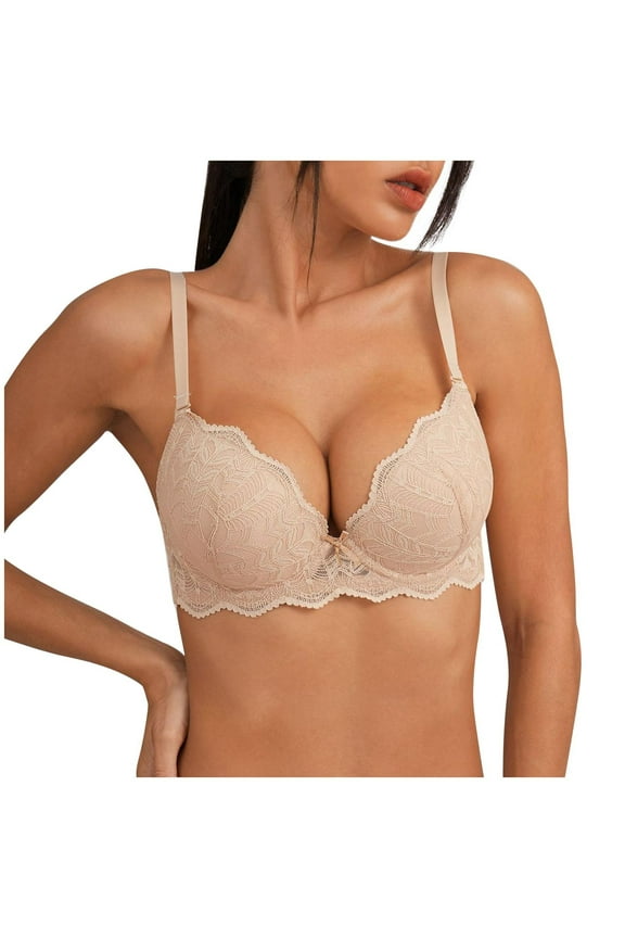 Women's Push Up Lace Bra Padded Add 2 Cups Support Underwire Lift Up Deep V Bra for Women Comfortable Breathable Bra Beige XXL