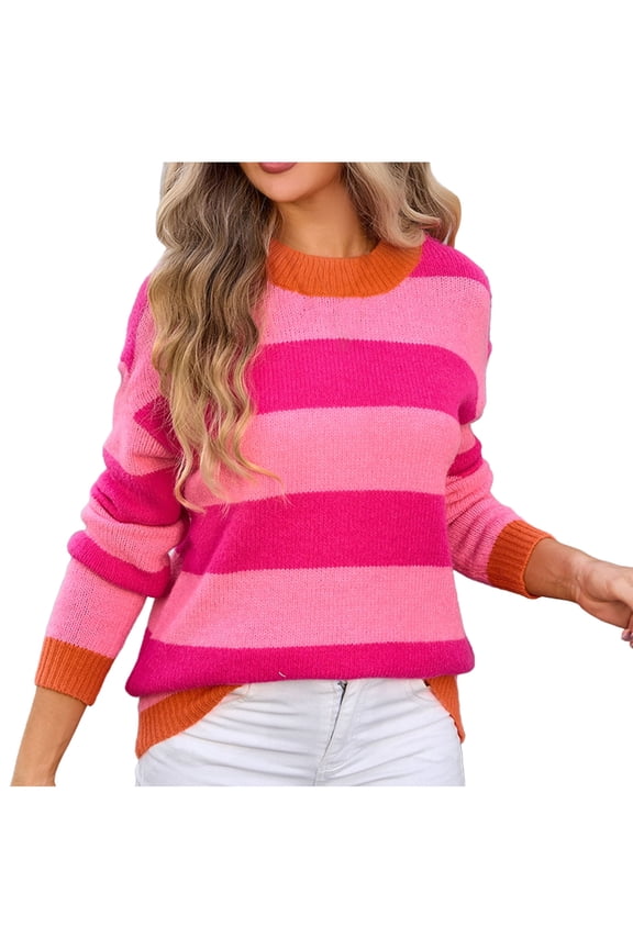 Women's Round Neck Long Sleeve Striped Color Block Knitted Pullover Sweater Jumper Tunic Tops Blouse Hot Pink 4