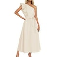 thumbnail image 1 of SMihono Women's Ruffle One Shoulder Dress Solid Color Bowknot Sash Tie High Waist A-Line Swing Party Dresses Beige 4, 1 of 6