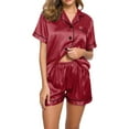 thumbnail image 1 of SMihono Women's Satin Shorts Pajamas Set Short Sleeve Loose Silky Button Down Sleepwear Smooth 2 Piece Pjs Lounge Sets Wine S, 1 of 9