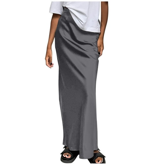 SMihono Women's Satin Silky High Waist Maxi Skirt Elegant Elastic Waistband A Line Long Skirts Elegant Floor Length Long Y2k Summer Skirt Gray 6